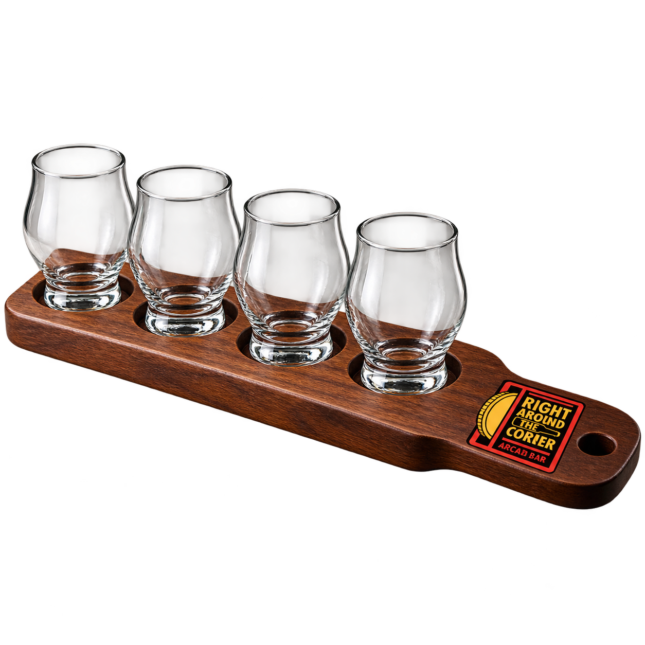 Design preview: Wooden RATC flight paddle holding four empty tasting glasses