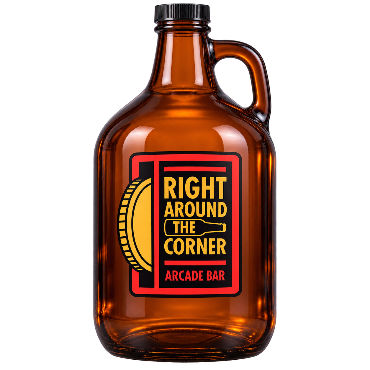Design preview: Amber glass growler with a handle, cap, and RATC logo
