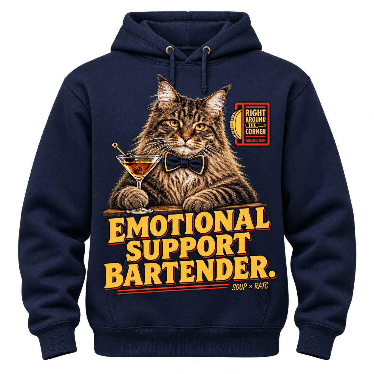 Design preview: Navy hoodie featuring Soup wearing a bartender bow tie