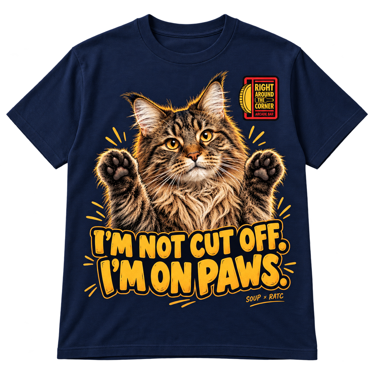 Design preview: Navy T-shirt featuring an innocent-looking Soup with raised paws