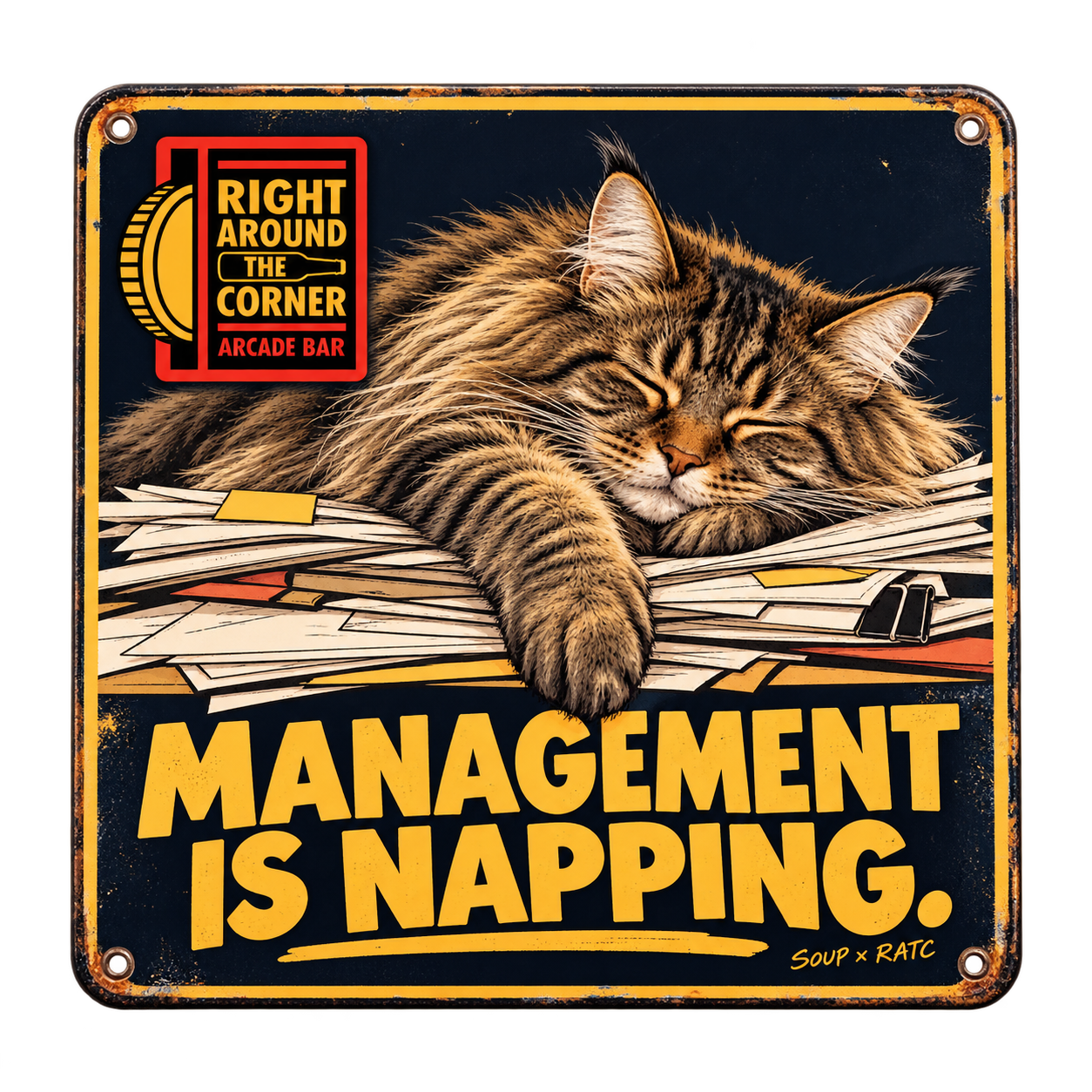 Design preview: Bar wall sign featuring Soup asleep across paperwork
